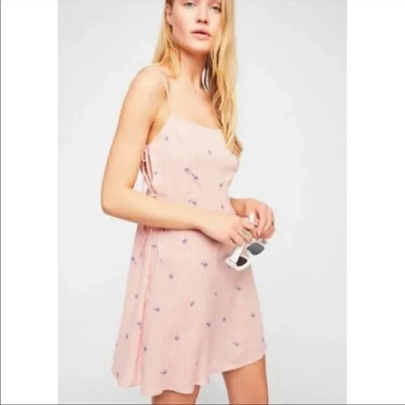 NWT Free People Garden Grove Pink and White Striped Palm Tree Print Slip Dress - Picture 2 of 12